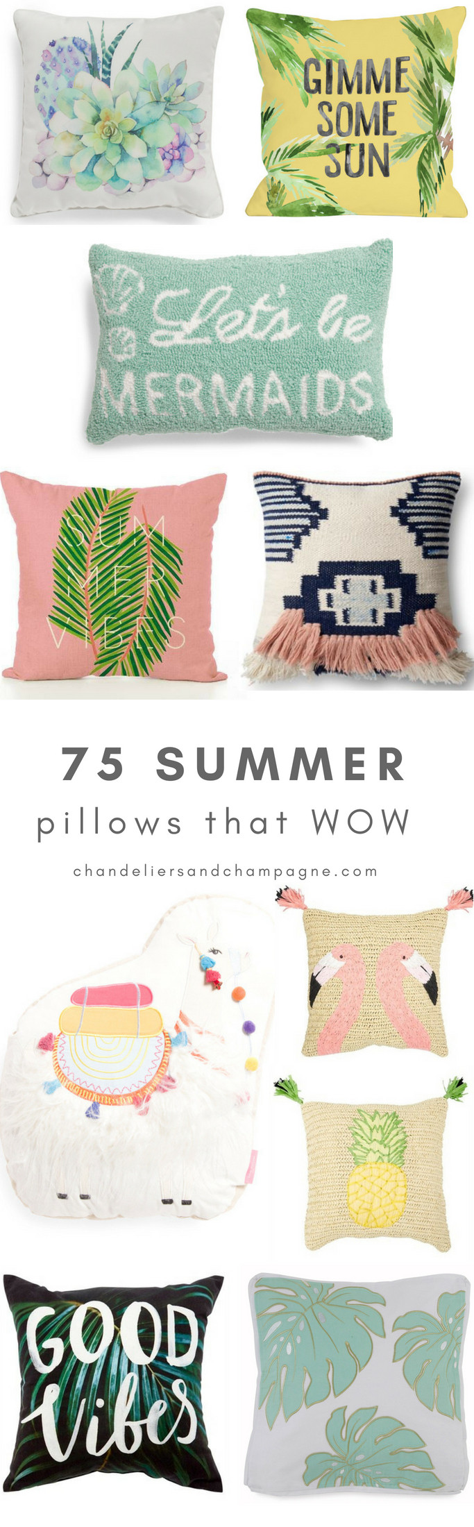 75 cute summer pillows that wow - Bright and bold summer indoor outdoor pillows - 75 summer cushions - Flamingo pillows - Palm tree pillows - Palm frond pillows - Llama pillows - Good vibe pillows - Pineapple pillows