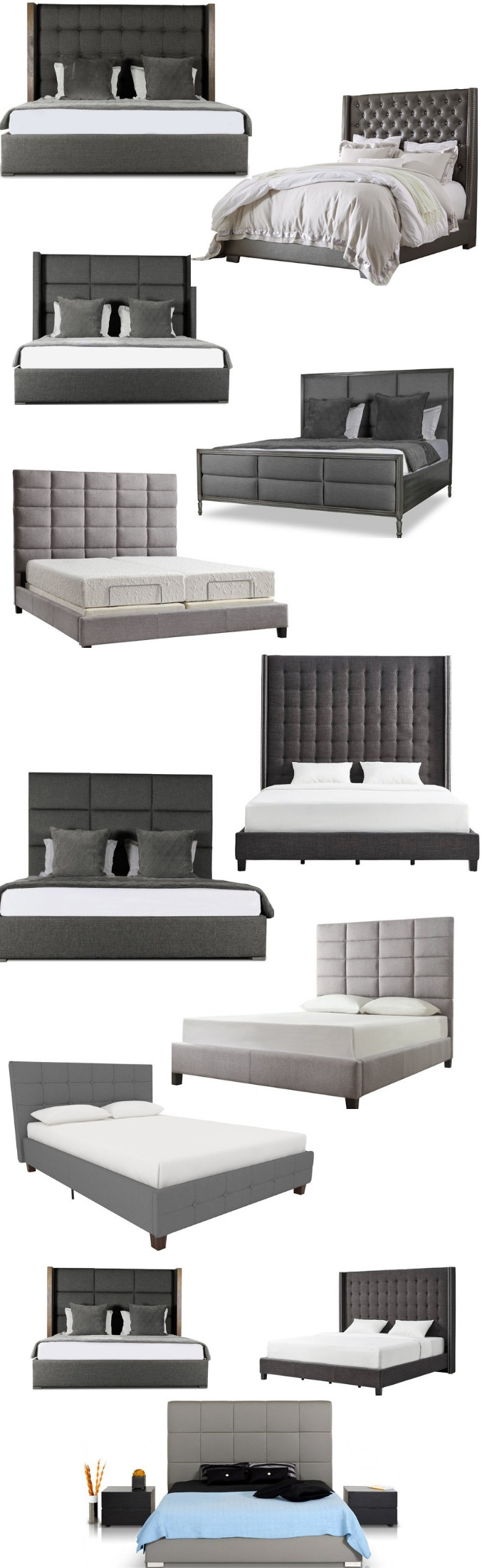 Gray tufted beds, gray panel beds, gray leather beds and charcoal beds - how to incorporate gray into your bedroom - relaxing and cozy beds 