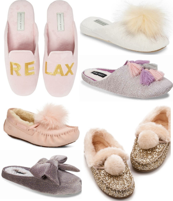 Pastel tone slippers with fur pom poms, glitter and plush bows
