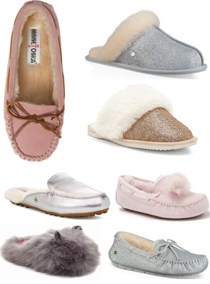 Glamorous, cozy and cute sparkly slippers and moccasins with fur and pom poms
