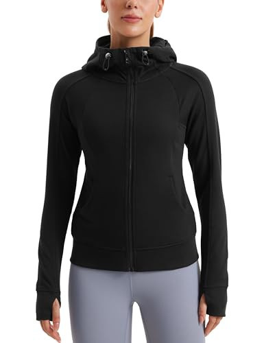 CRZ YOGA fleece full zip hoodie with thumbholes from Amazon, a Lululemon Scuba hoodie alternative